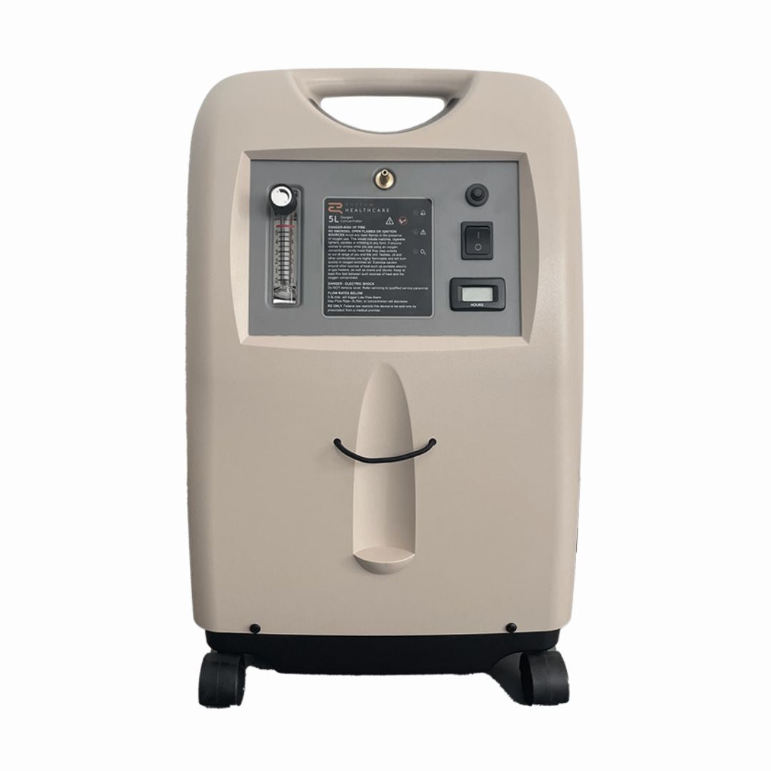 RHYTHM HEALTHCARE 5L Stationary Home Oxygen Generator in beige with control panel and wheels