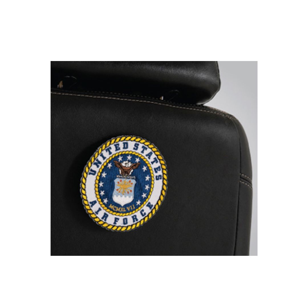 Pride Mobility Air Force Military Patch embroidered on black leather chair back