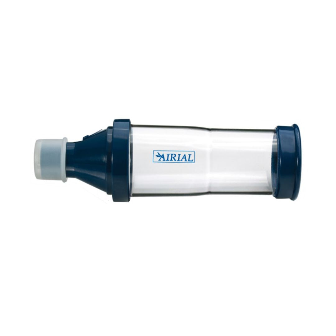 Drive Medical Airial Holding Chamber in clear and navy blue for asthma inhaler use