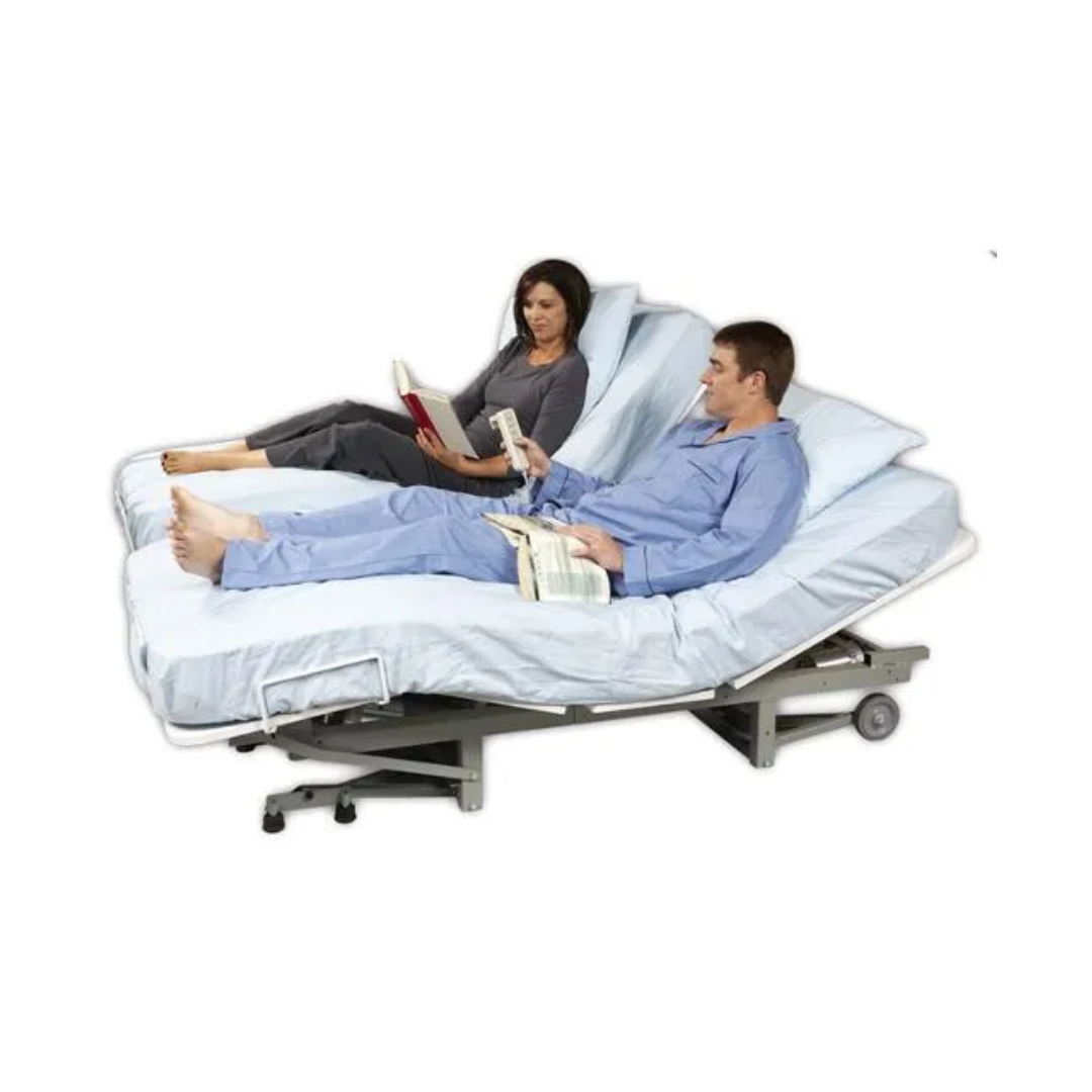 Transfer Master adjustable hospital bed with Assist Rail Covers and two people reclining and reading