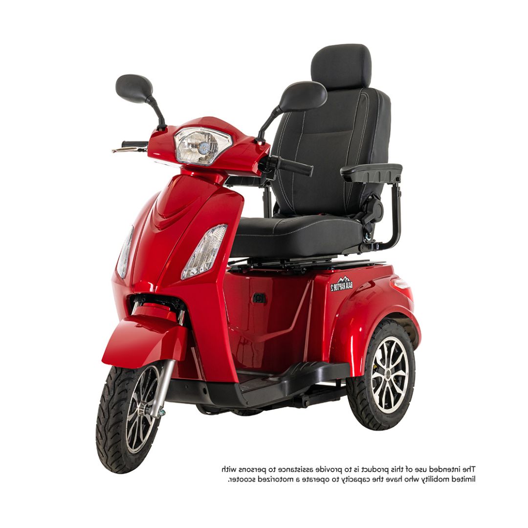 Pride Mobility Baja Raptor 2 3-Wheel Mobility Scooter in red with comfortable black seat and rearview mirrors