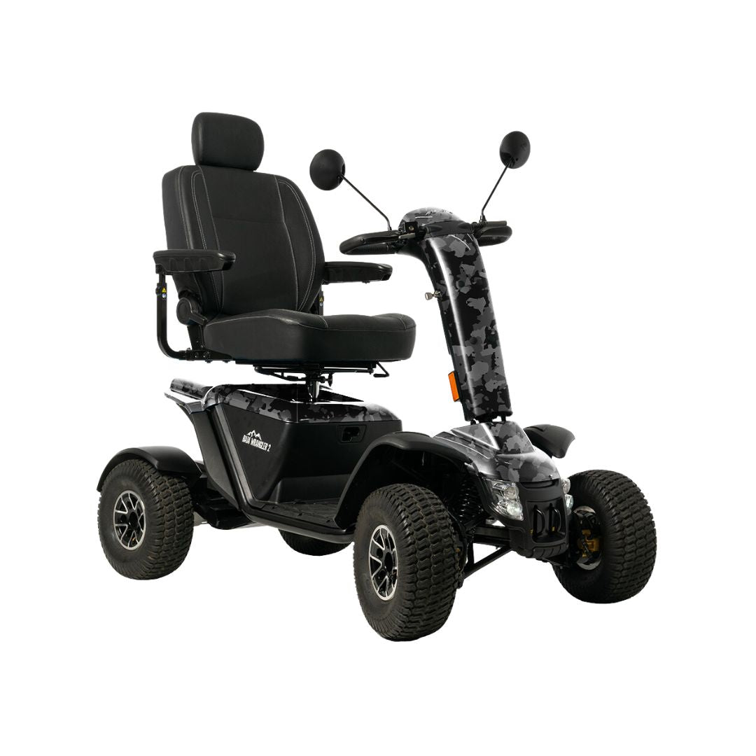 Pride Mobility Baja Wrangler 2 4 Wheel Mobility Scooter in black with cushioned seat and rugged tires
