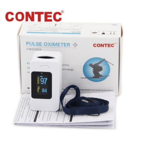 Contec Finguretip Pulse Oximeter CMS50D4 with digital display and blue lanyard shown with box and instructions