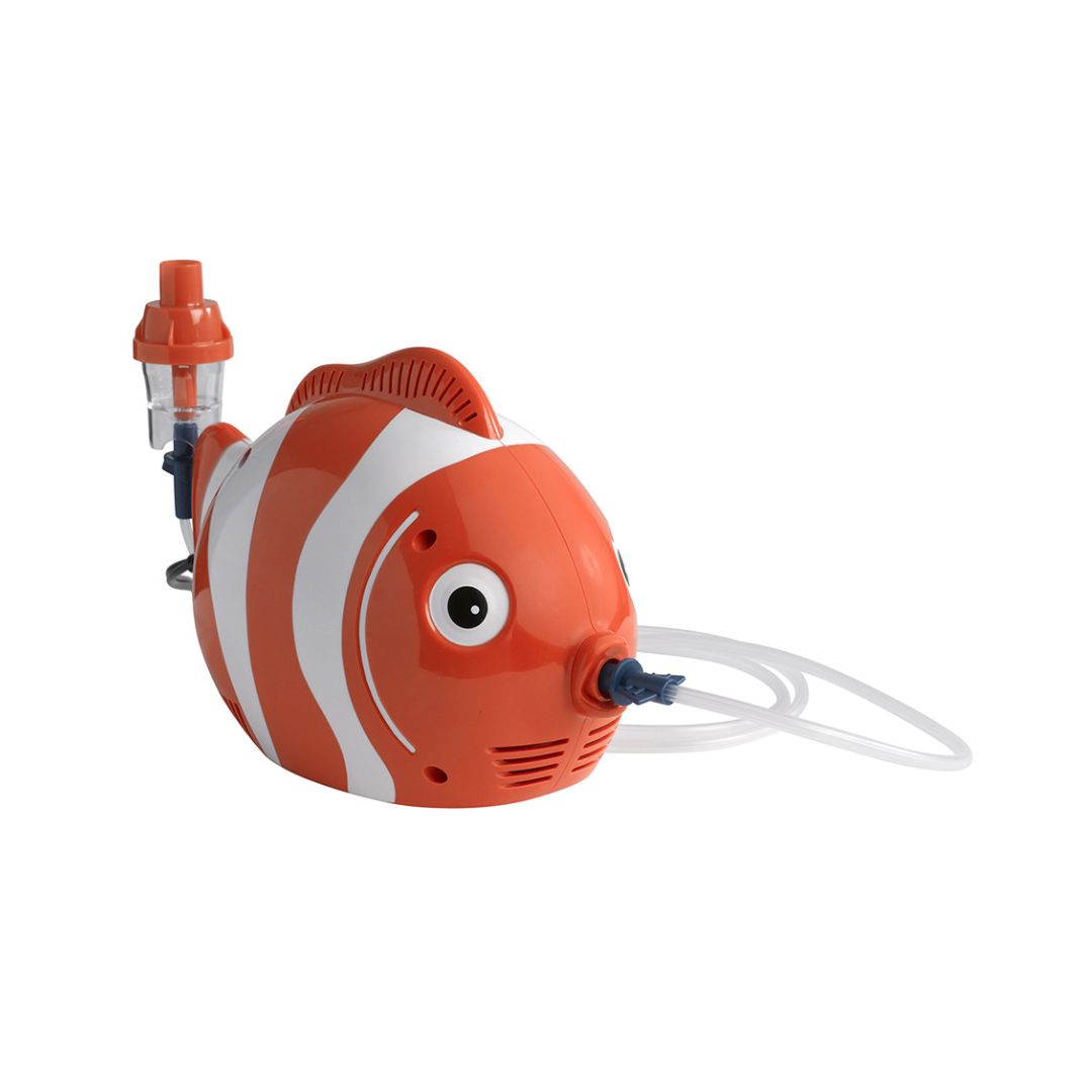 Drive Medical Fish Pediatric Compressor Nebulizer shaped like an orange clownfish with tubing and child mask