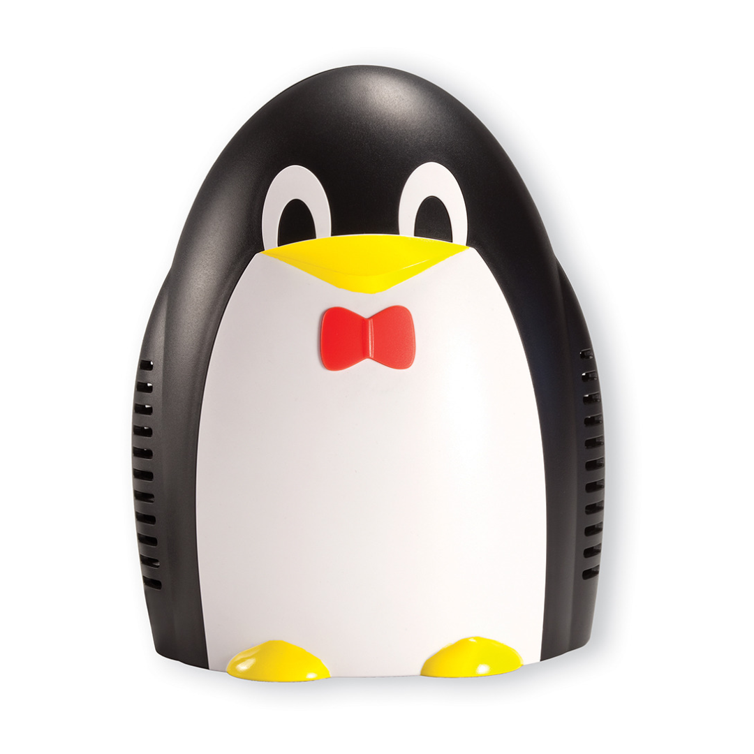 Drive Medical Penguin Pediatric Compressor Nebulizer in penguin design black white yellow with red bow tie