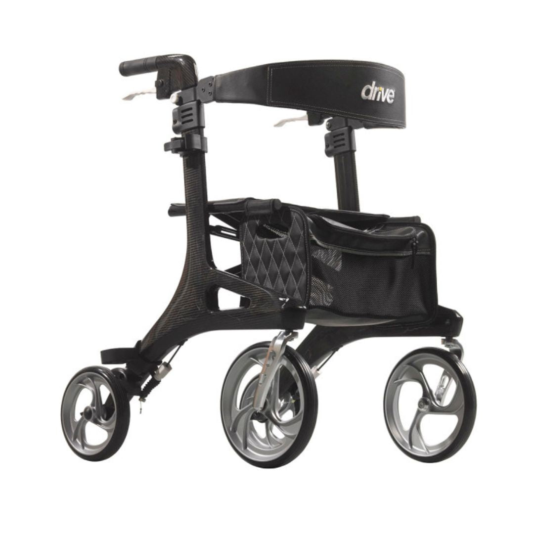 Drive Medical Nitro Elite CF Carbon Fiber Walker Rollator in black with three wheels and storage pouch
