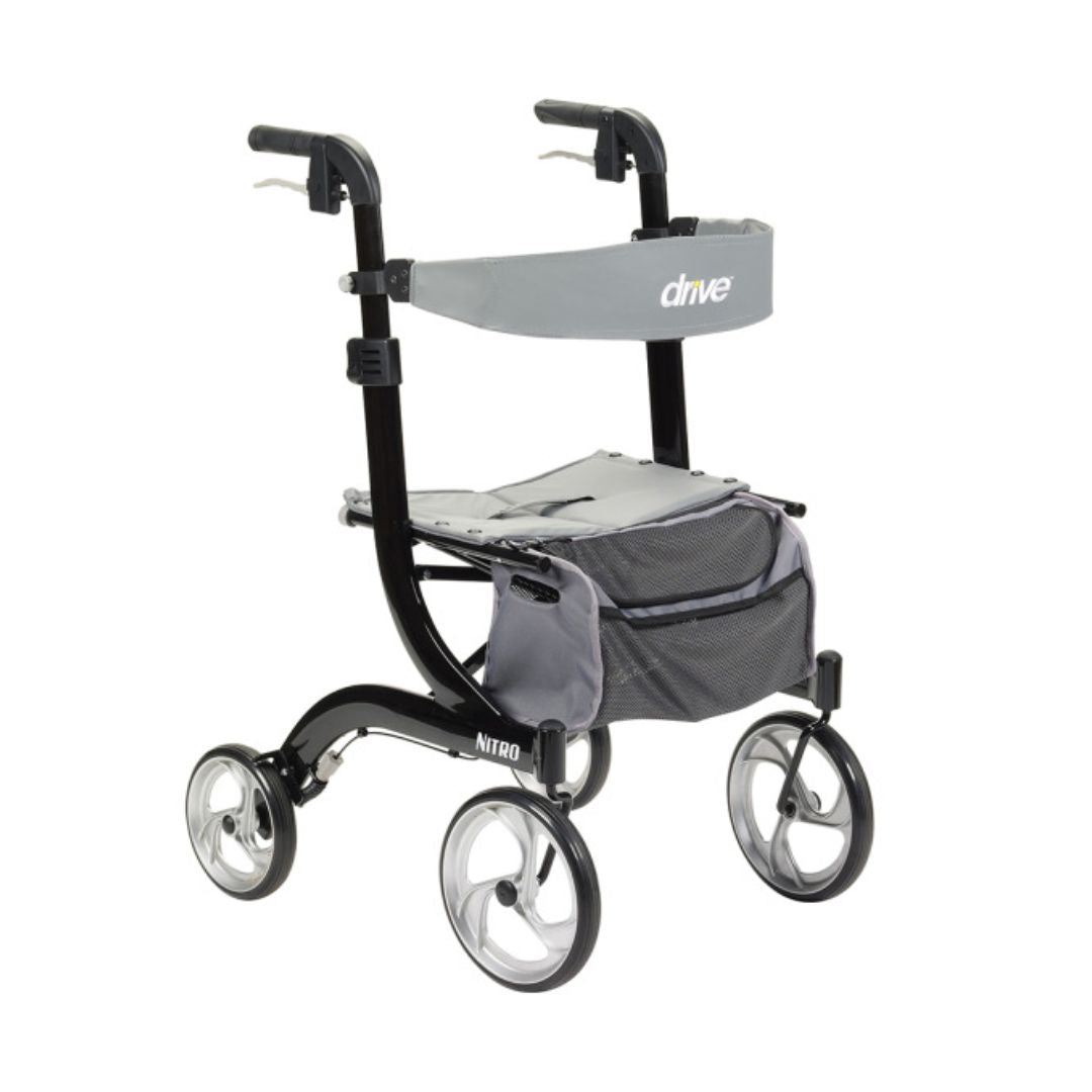 Drive Medical Nitro Euro Style Aluminum Rollator Walker with black frame and gray seat and storage pouch