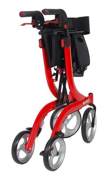 Drive Medical Nitro Euro Style Aluminum Rollator Walker in red with black handles and storage pouch