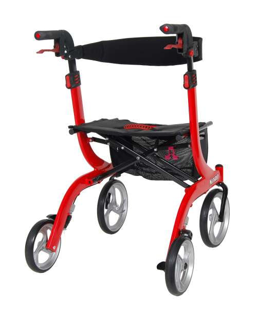 Drive Medical Nitro Euro Style Aluminum Rollator Walker in red with black seat and four large wheels