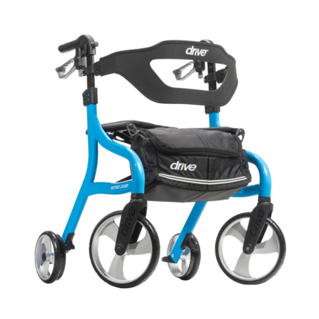 Drive Medical Nitro Sprint Foldable Rollator Walker in blue with black storage bag and ergonomic handles