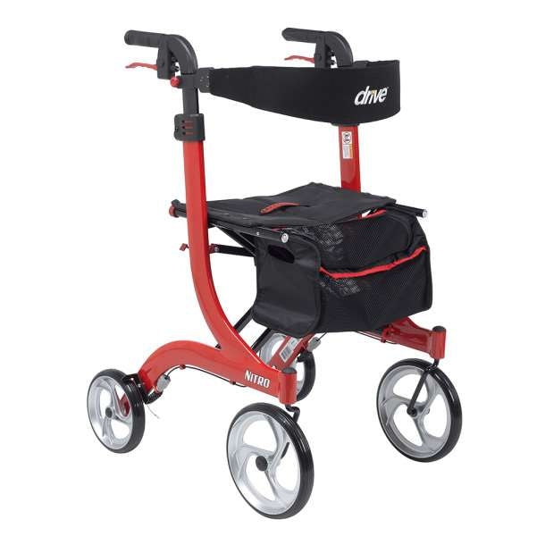 Drive Nitro Tall Euro Style Rollator Walker in red with black seat and storage bag by Drive Medical