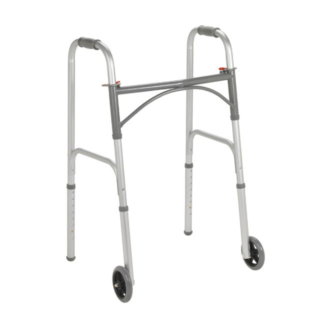 Drive Medical Folding Walker Adult Two Button with 5 Wheels silver aluminum frame two front wheels padded grips adjustable legs