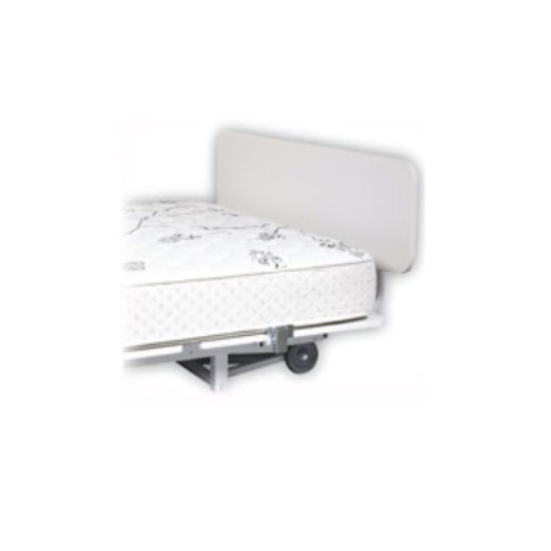 Transfer Master hospital bed with adjustable white headboard and patterned mattress