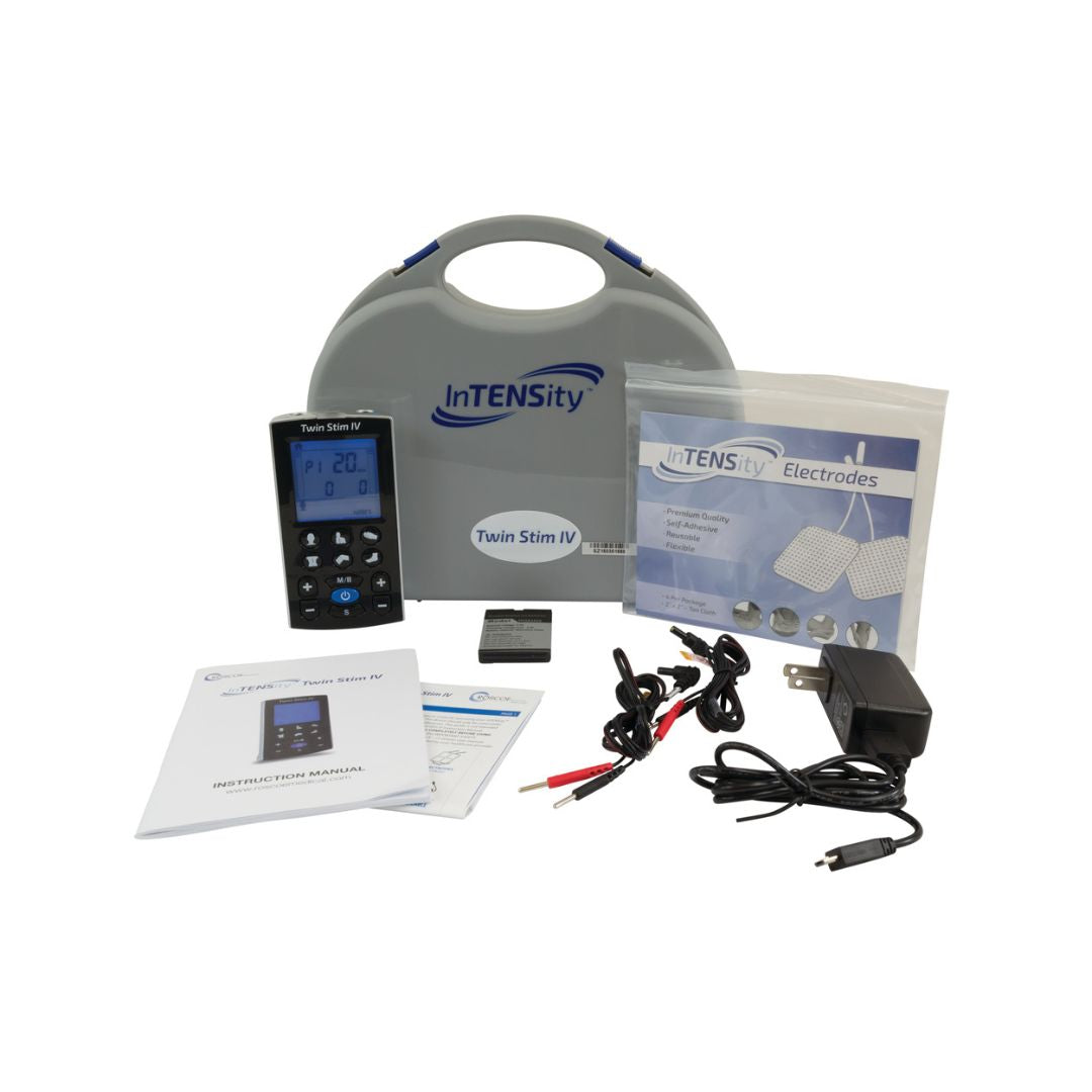 InTENSity Twin Stim IV Tens Unit kit with gray carrying case remote control electrodes leads charger manual