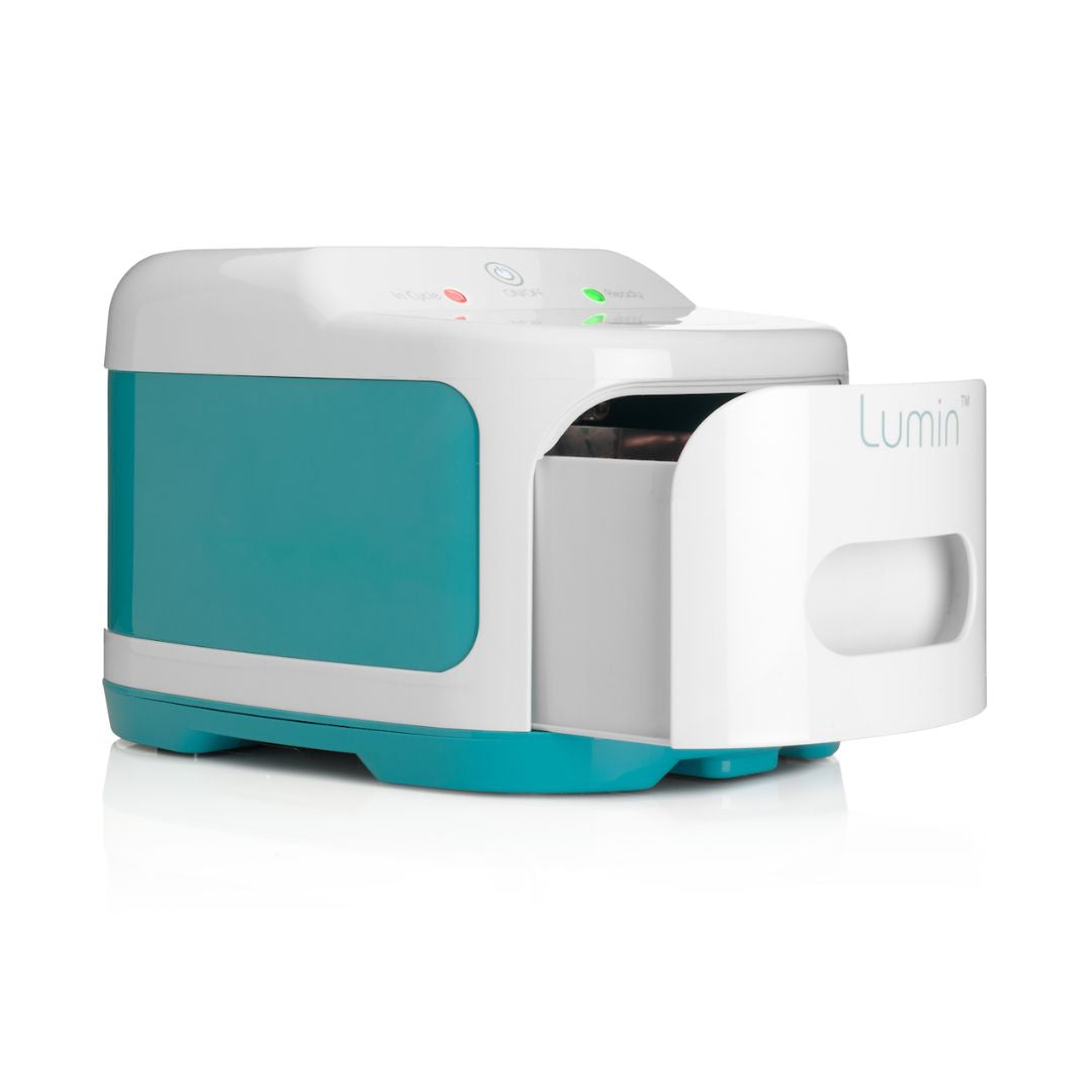 React Health Lumin UV-C Household Sanitizer with white and teal design and open drawer for sanitizing items