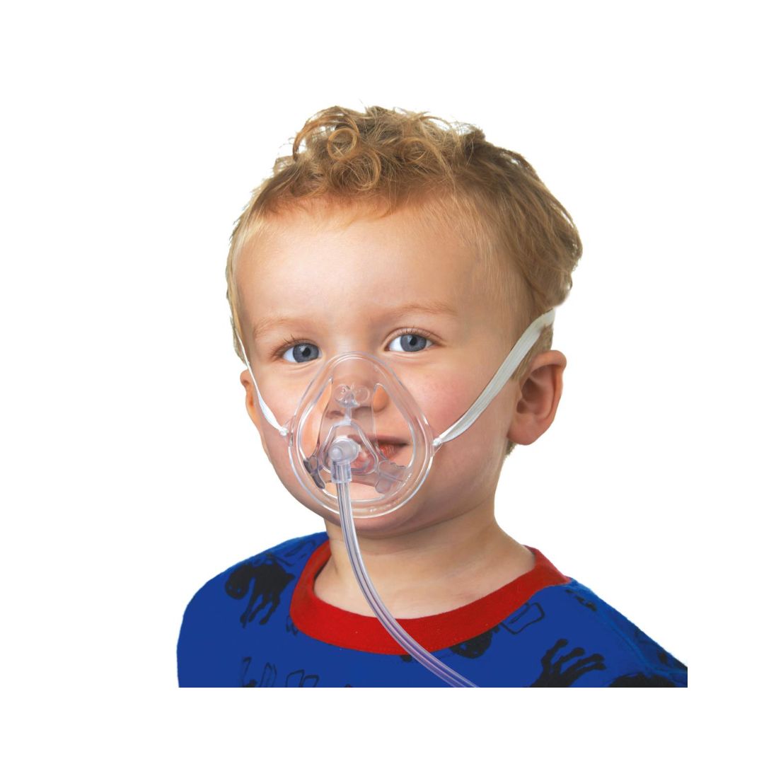 Toddler wearing clear pediatric oxygen mask with tubing and strap Medline Oxy2Mask Oxygen Masks OT10258ML
