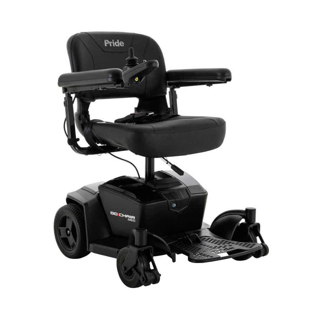 Pride Mobility Go Chair MED compact black power wheelchair with joystick control and padded seat