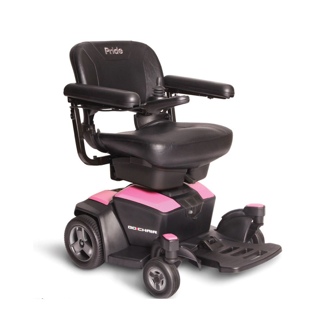 Pride Mobility Pride Go Chair electric wheelchair with black seat and pink accents designed for mobility assistance