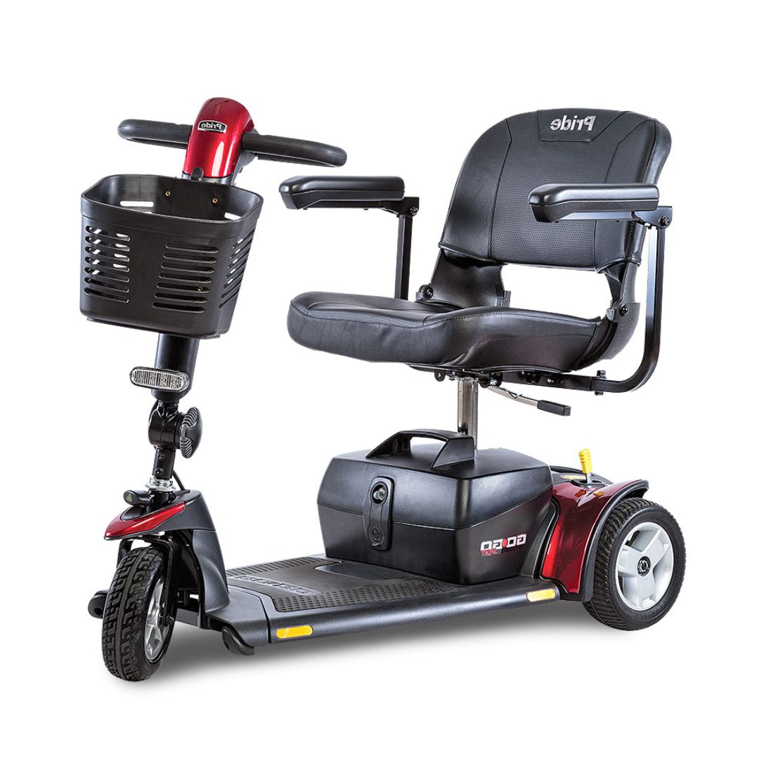 Pride Mobility Go Go Sport 3-Wheel Mobility Scooter in red with black seat and front basket