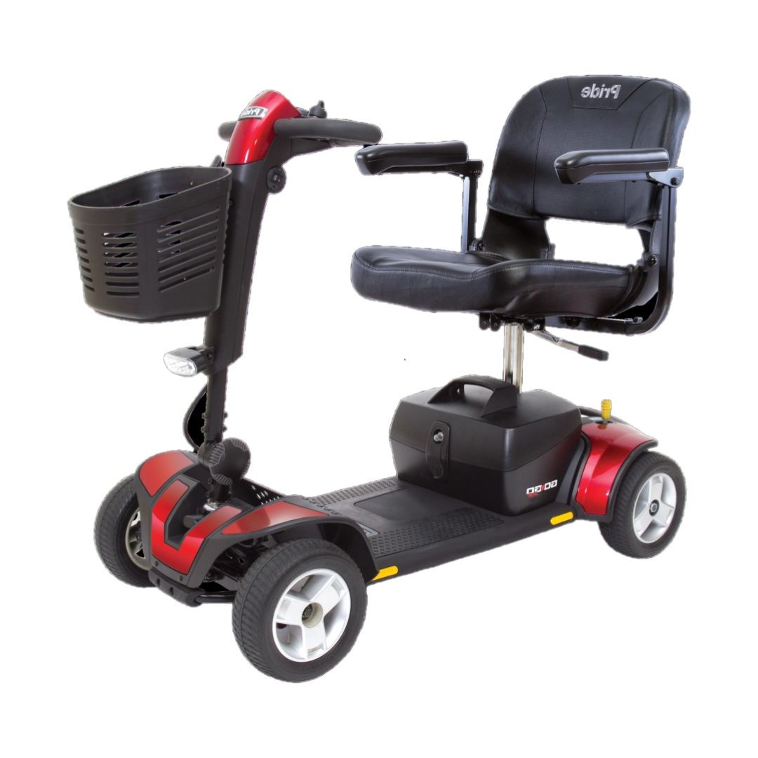 Pride Mobility Go-Go Sport 4 Wheel red mobility scooter with black seat and front basket