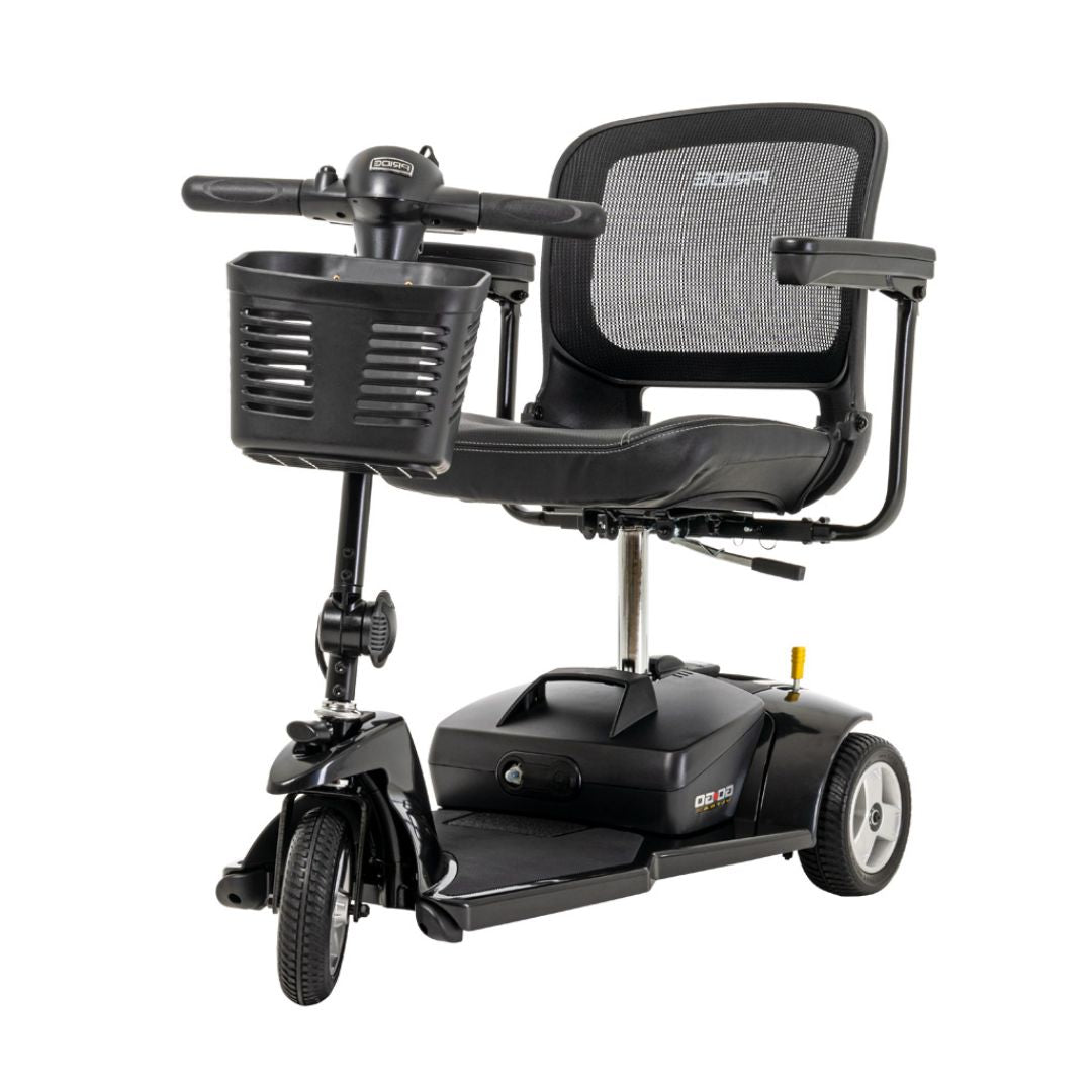Pride Mobility Go Go Ultra X 3-Wheel Mobility Scooter in black with front basket and mesh back seat