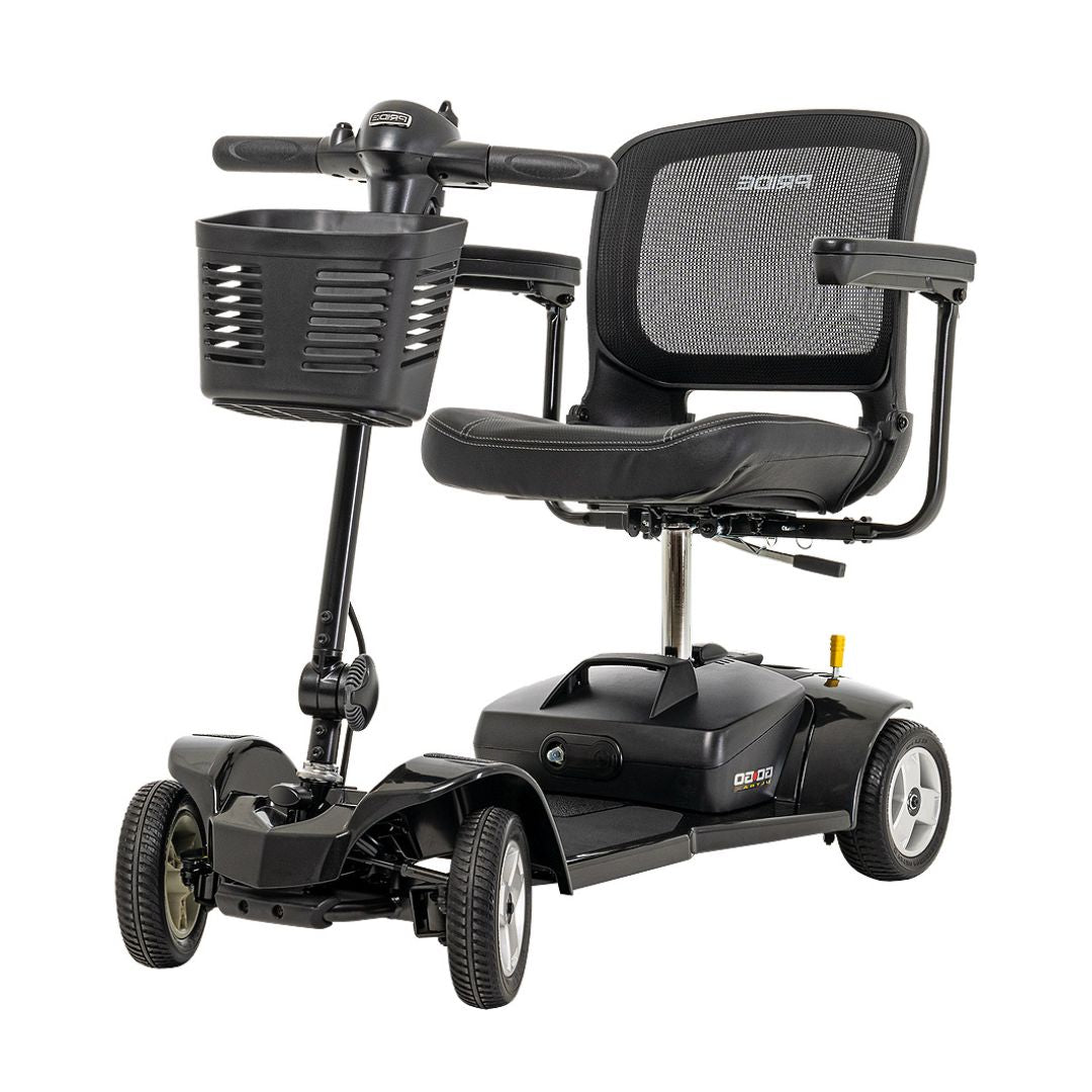 Pride Mobility Go Go Ultra X 4 Wheel Mobility Scooter with black seat and front basket