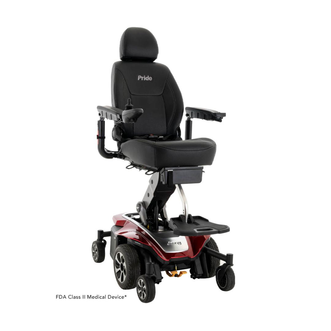 Pride Jazzy Air 2 Elevating Power Chair with black cushioned seat and adjustable armrests by Pride Mobility