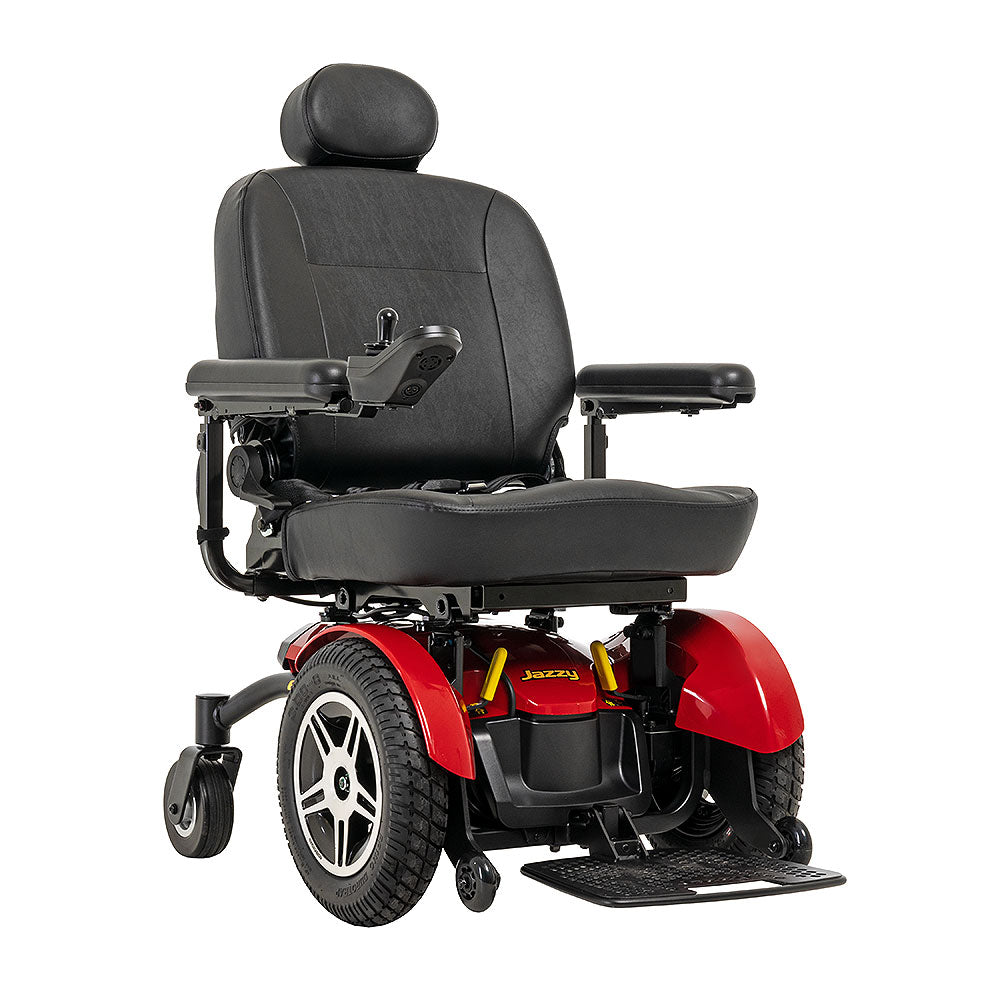 Pride Jazzy Elite HD electric wheelchair with black cushioned seat and red frame by Pride Mobility