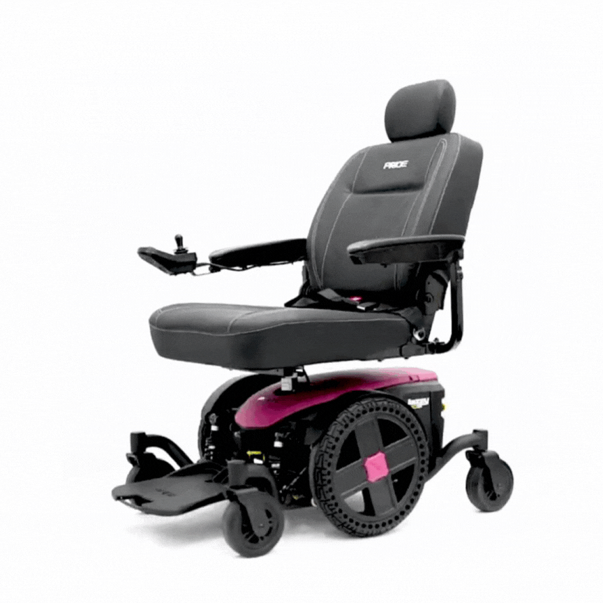 Pride Jazzy EVO 614 electric wheelchair with padded seat, adjustable armrests, and black and purple frame