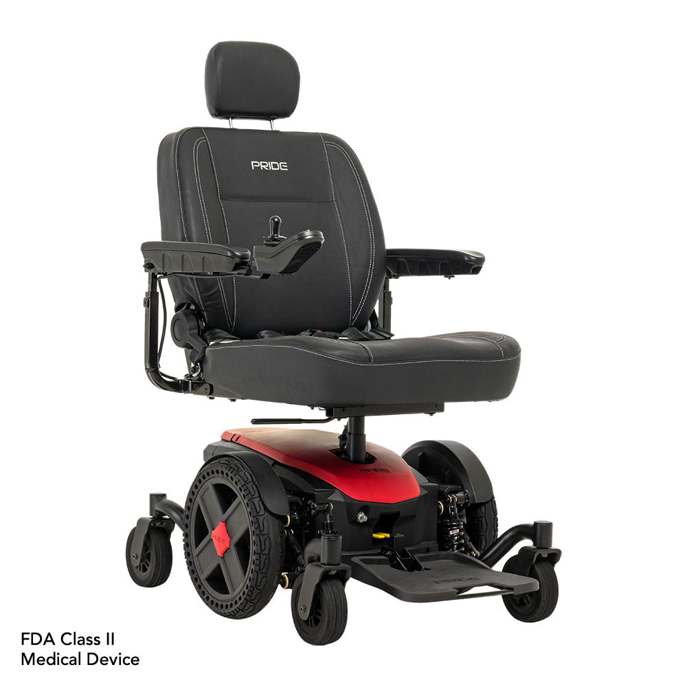 Pride Jazzy EVO 614 power wheelchair with black seat and red base by Pride Mobility