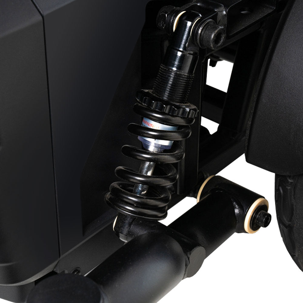 Close-up view of the suspension system component on Pride Jazzy EVO 614 mobility scooter by Pride Mobility