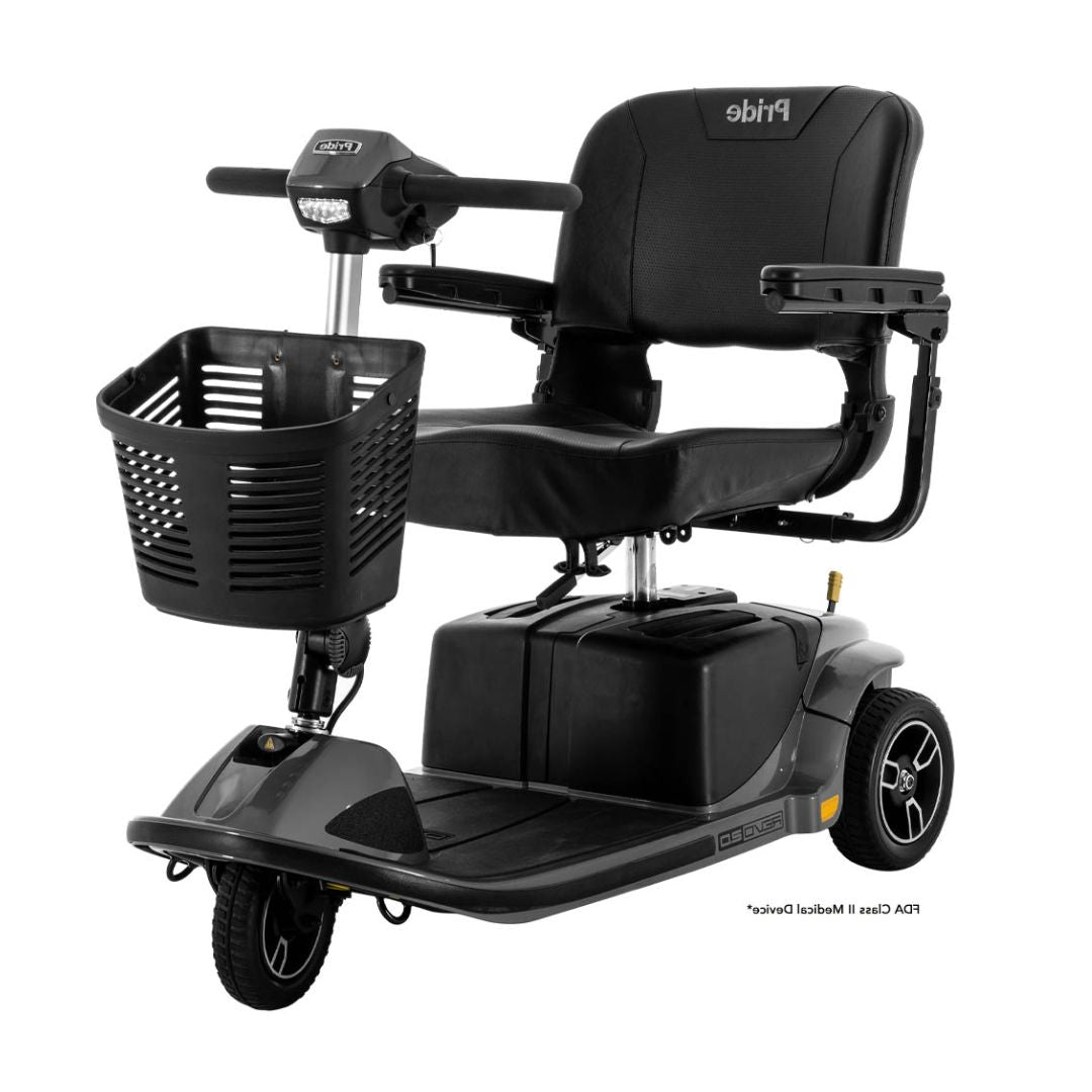 Pride Mobility Revo 2.0 3 Wheel Mobility Scooter in black with front basket and comfortable seat