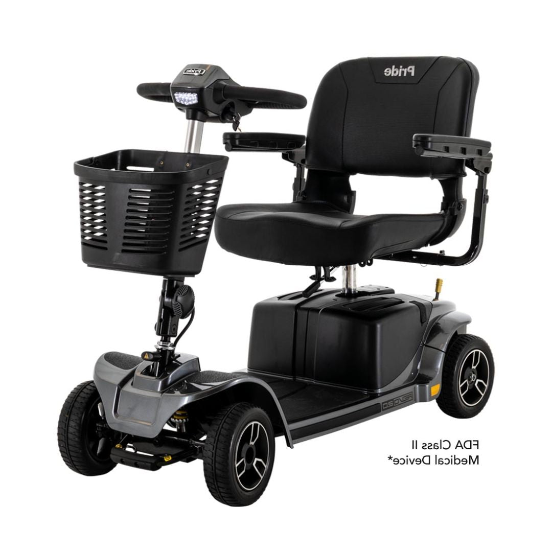 Pride Mobility REVO 2.0 4 WHEEL electric mobility scooter with black seat and front basket