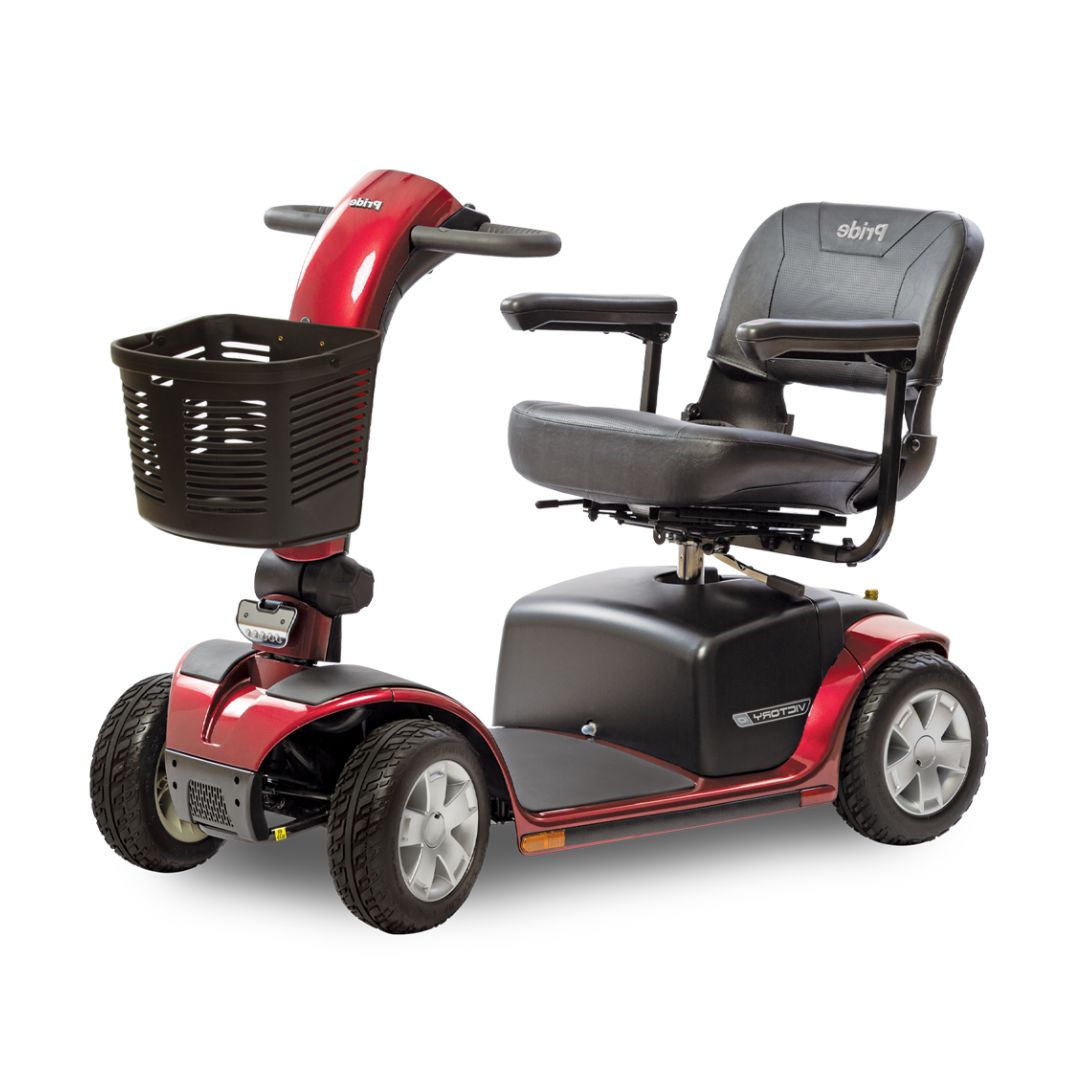 Pride Mobility Victory 10 4 Wheel Mobility Scooter in red with black seat and front basket