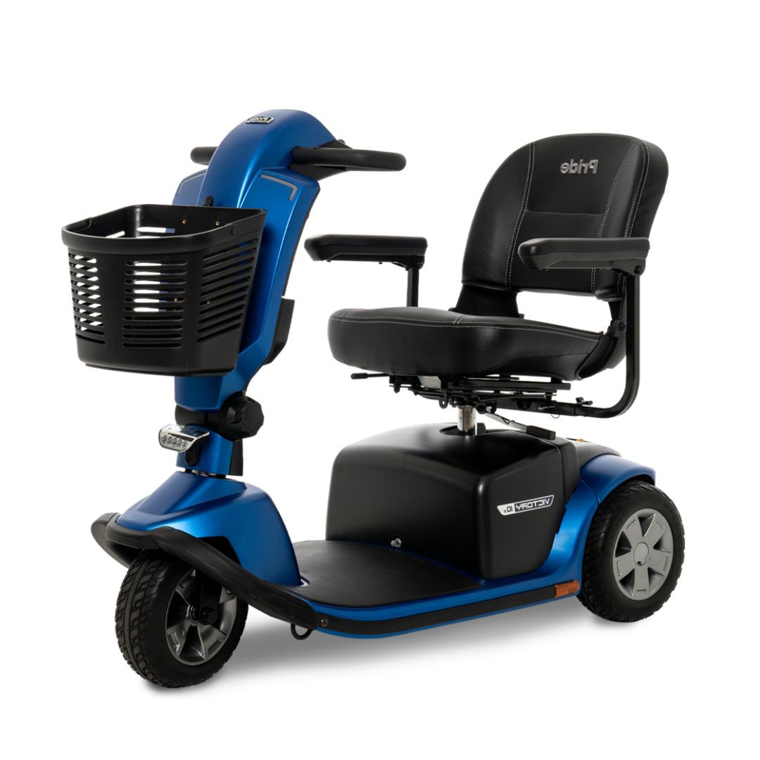 Pride Mobility Victory 10.2 3 Wheel scooter in blue with black seat and front basket