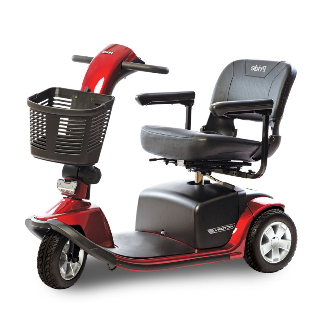 Pride Mobility Victory 9 3 Wheel electric mobility scooter in red with black seat and front basket