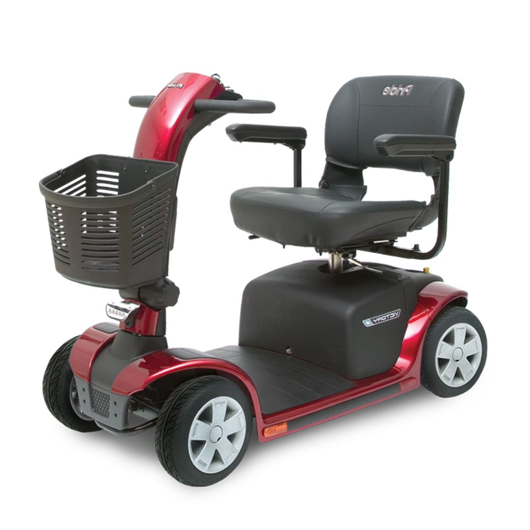 Pride Mobility Victory 9 4 Wheel red mobility scooter with black seat and front basket