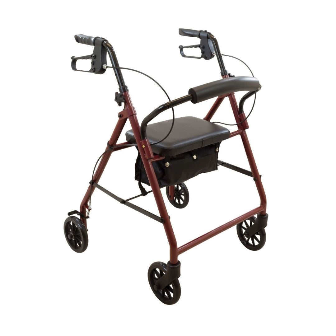 ProBasics Steel Rollator 6 burgundy four wheel rollator with padded seat backrest hand brakes and storage bag