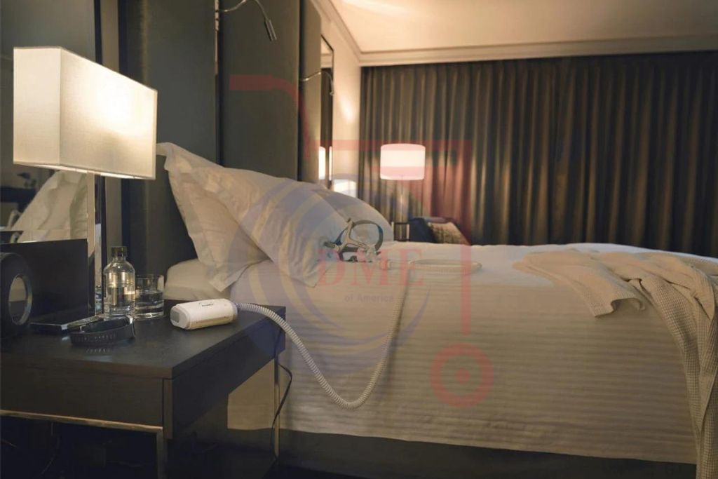 Resmed AirMini AutoSet Portable CPAP device on bedside table next to a modern lamp in a cozy bedroom