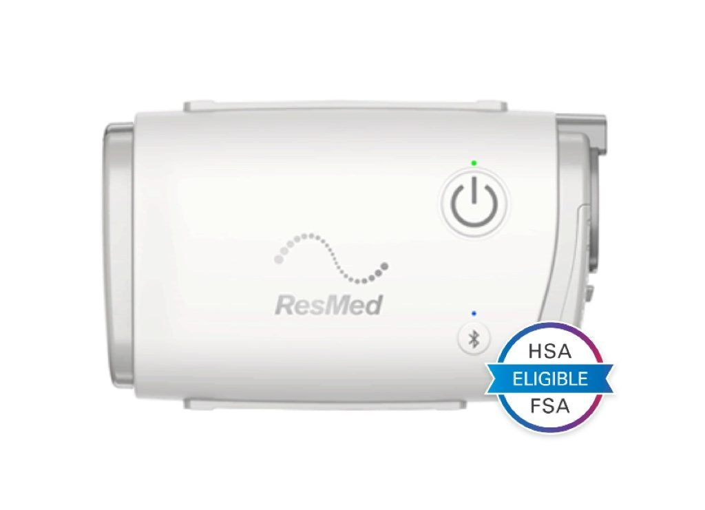 Resmed AirMini AutoSet Portable CPAP device in white with power and Bluetooth buttons