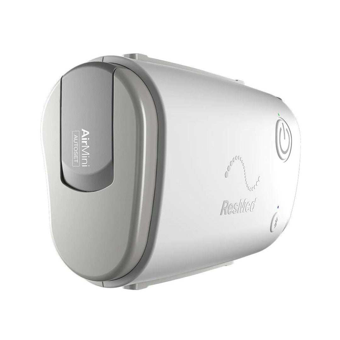 Resmed AirMini AutoSet Portable CPAP machine in white with compact design and power button