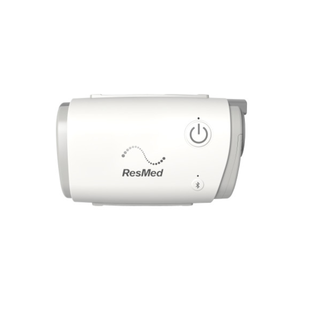 ResMed AirMini AutoSet Portable CPAP device in white with power and Bluetooth buttons