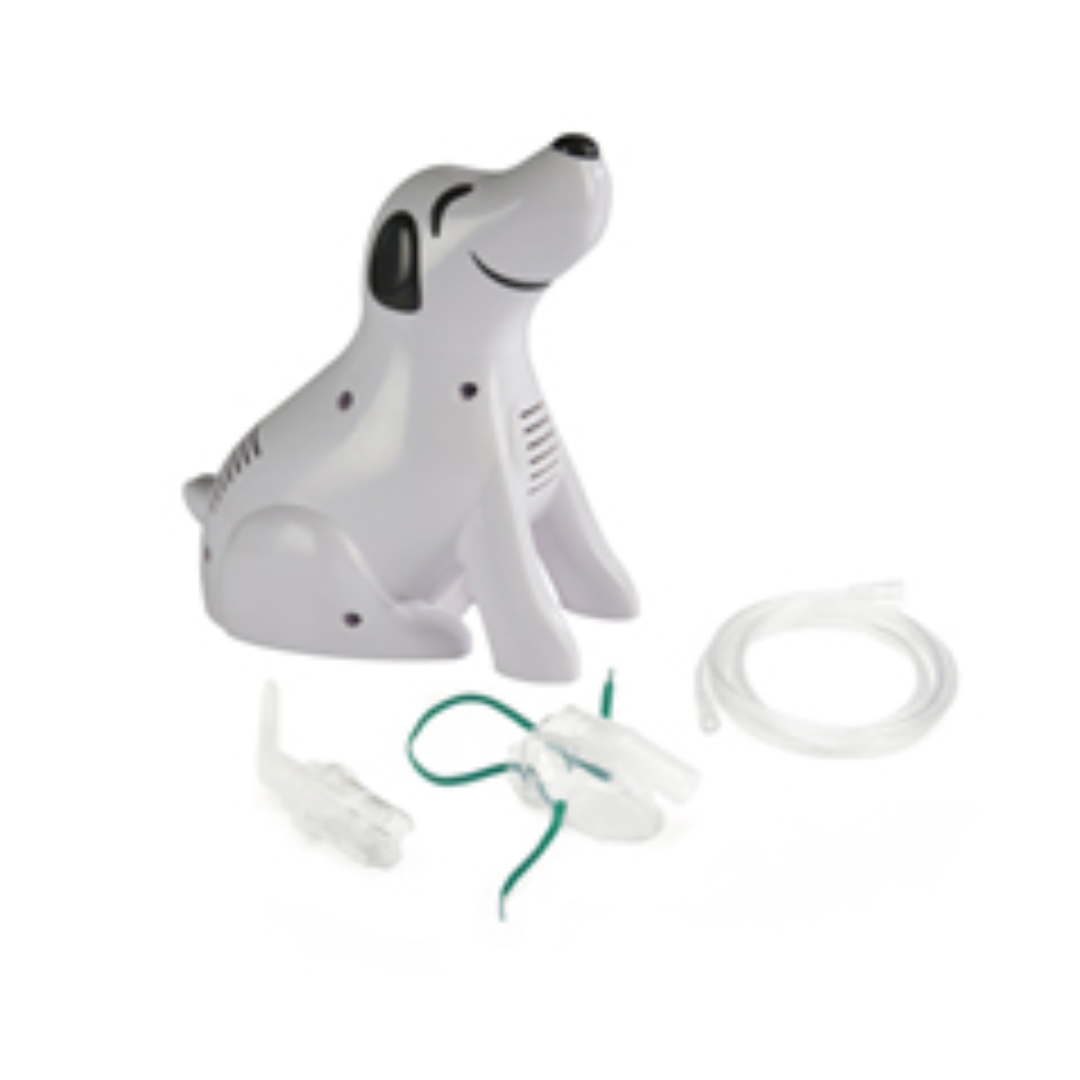 Roscoe Pediatric Dog Nebulizer by compass Health Brands with dog-shaped compressor and accessories