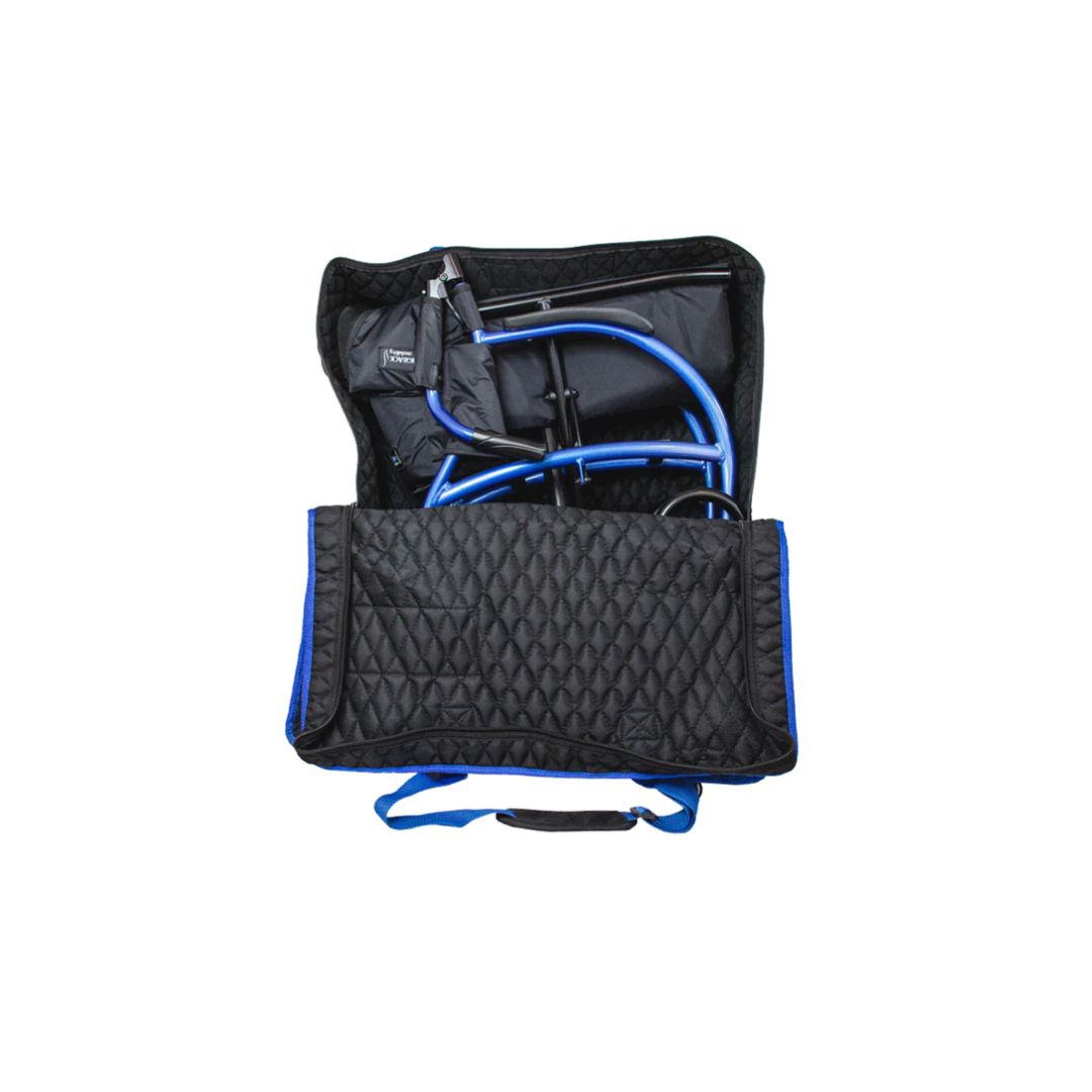 StrongBack Mobility padded quilted Large Travel Storage Bag with blue handles holding folded mobility rollator walker