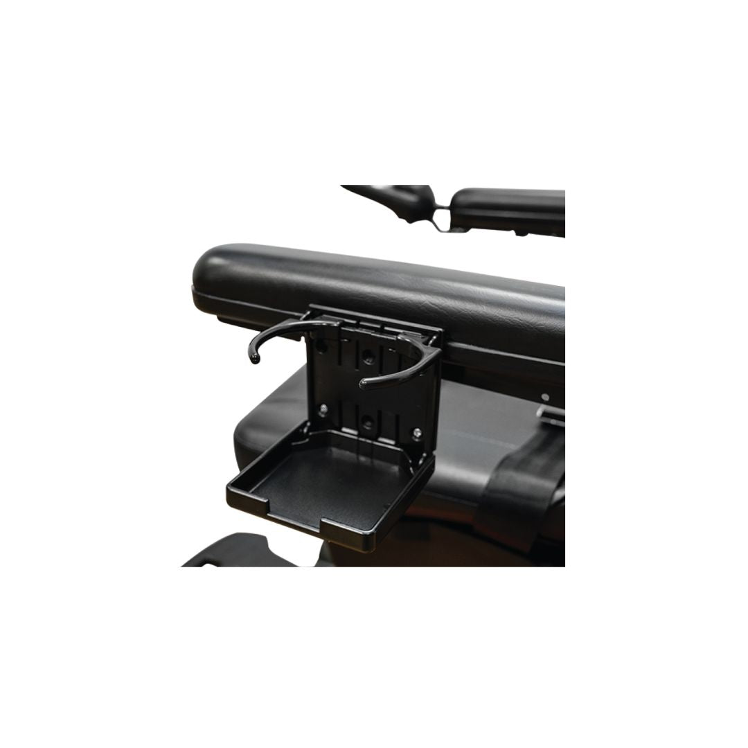 Pride Mobility black cup holder attached to mobility chair armrest for convenient drink storage