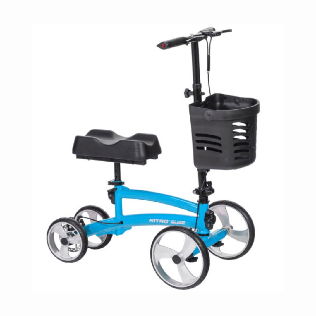 Drive Medical Nitro Glide Knee Walker in blue with black seat and front basket for mobility assistance