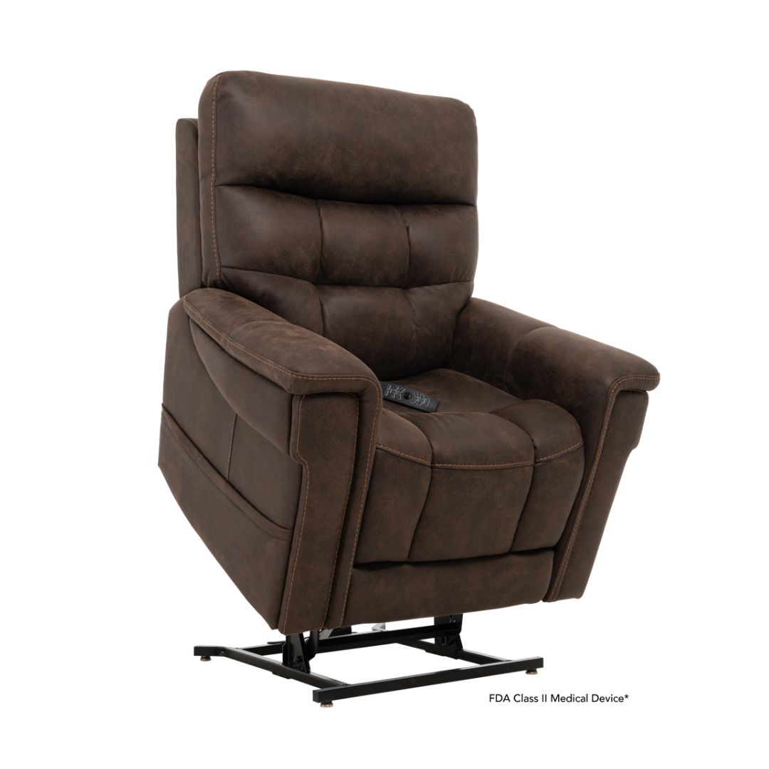 Pride Mobility VivaLift Radiance PLR3955M brown lift recliner chair with padded armrests and remote control