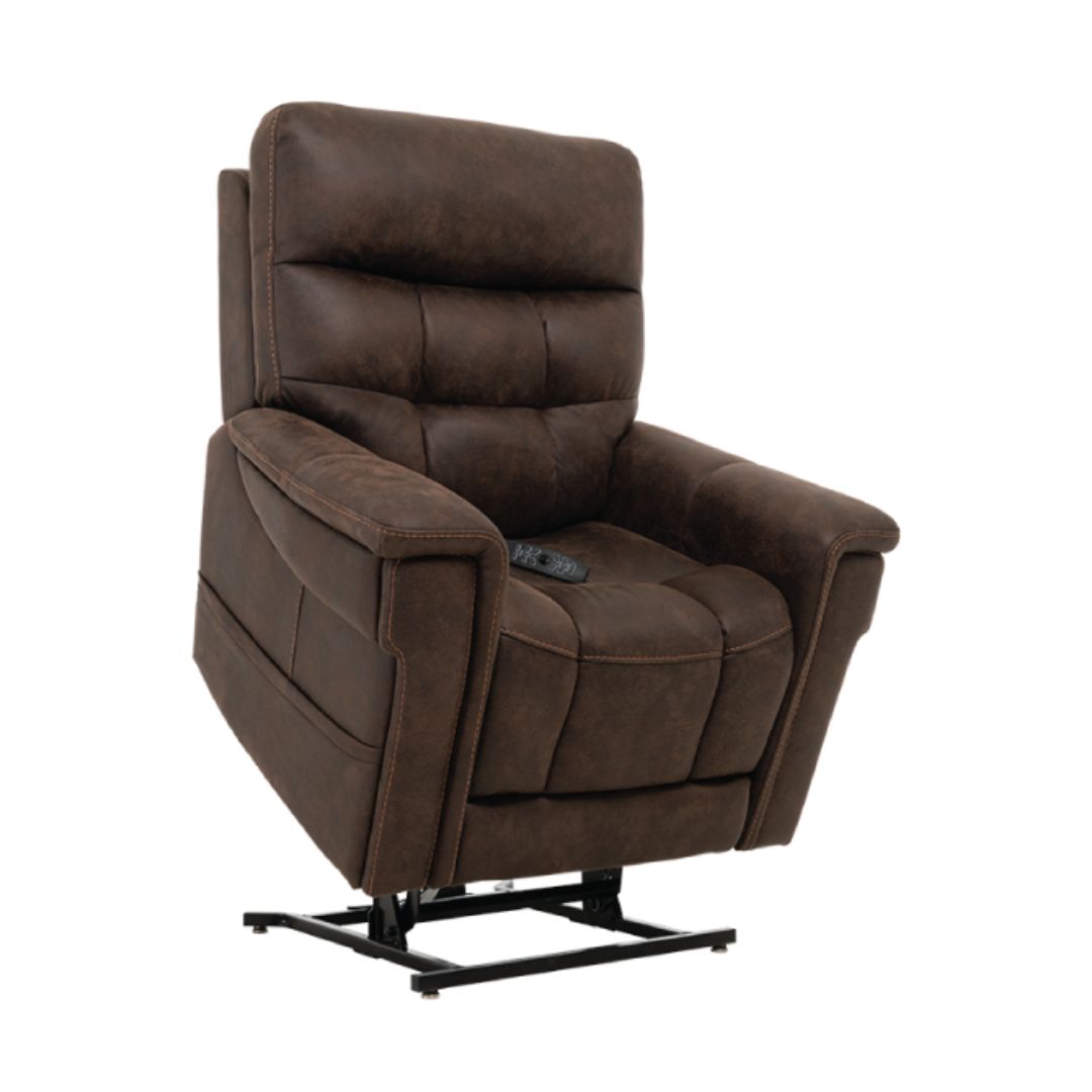 Pride Mobility VivaLift Radiance PLR3955S brown power lift recliner chair with cushioned armrests and remote control