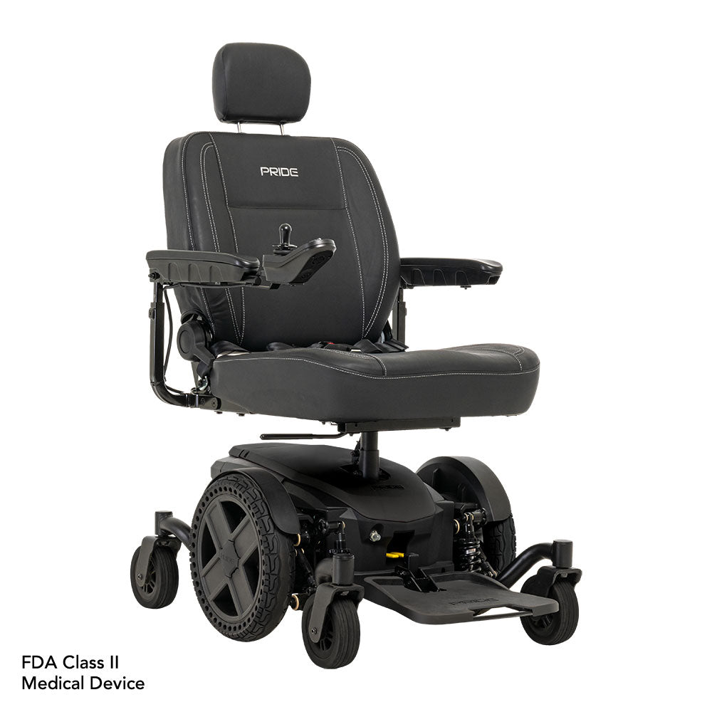 Pride Jazzy EVO 614 black electric wheelchair with padded seat, headrest, and adjustable armrests