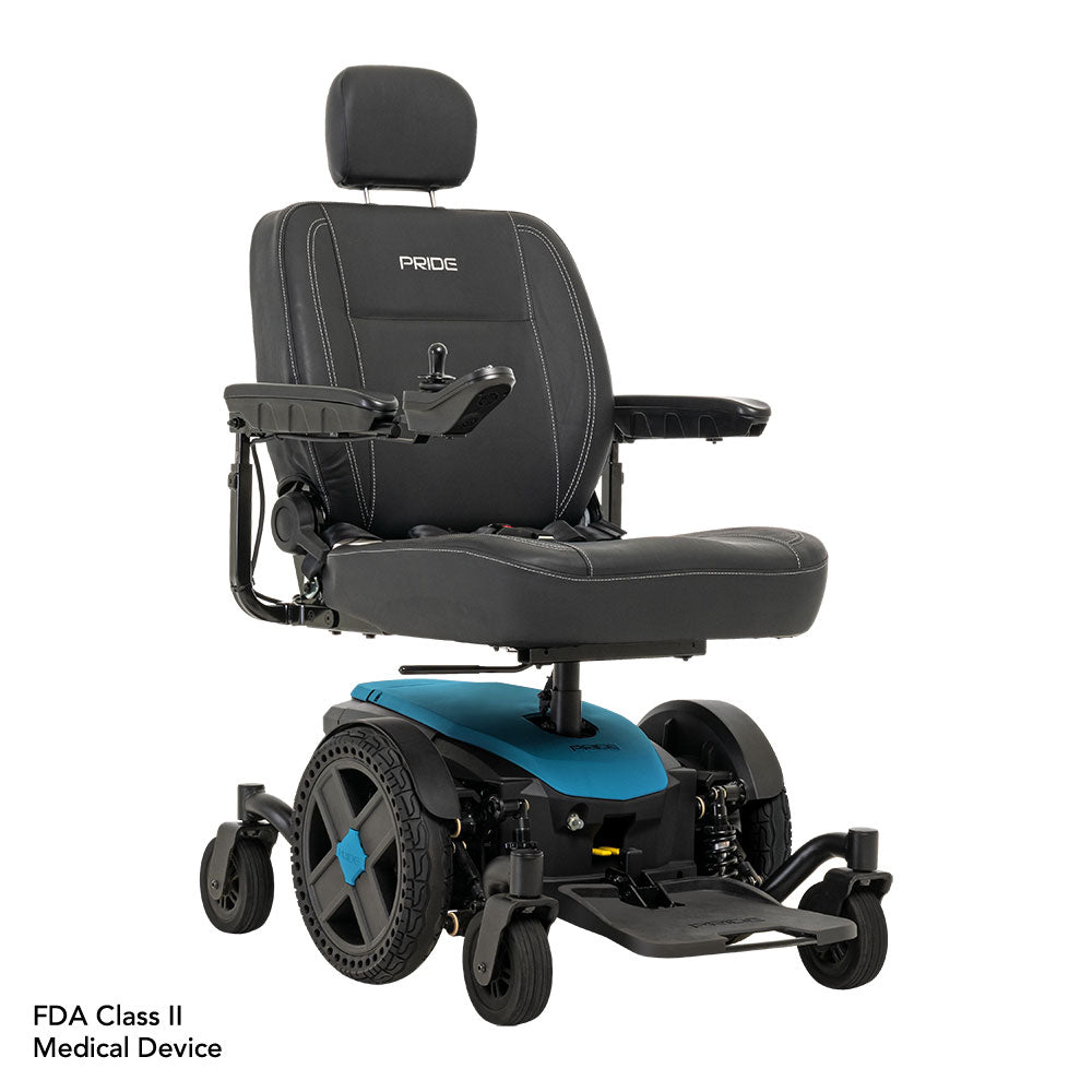 Pride Jazzy EVO 614 power wheelchair with black cushioned seat and blue base by Pride Mobility